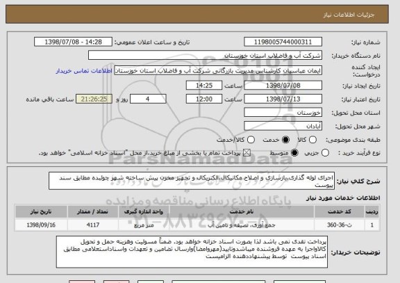 استعلام اجرای لوله گذاری،بازسازی و اصلاح مکانیکال،الکتریکال و تجهیز مخزن پیش ساخته شهر چوئبده مطابق سند پیوست