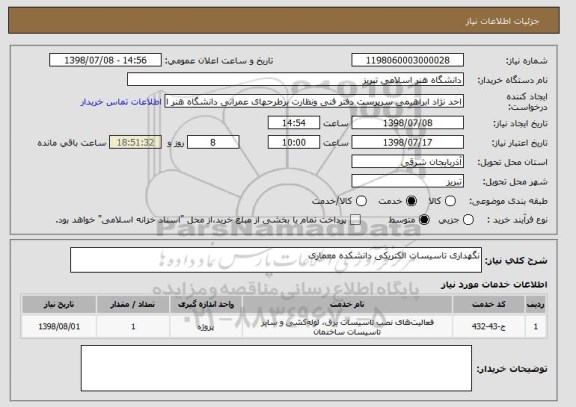 استعلام نگهداری تاسیسات الکتریکی دانشکده معماری 