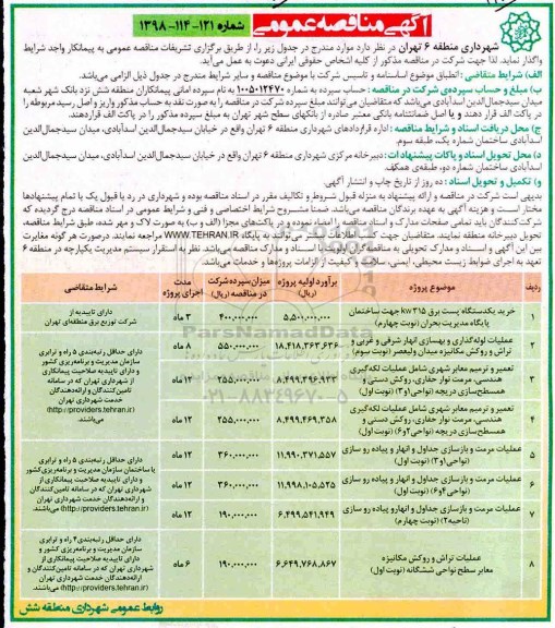 آگهی مناقصه عمومی, مناقصه خرید یکدستگاه پست برق 315 kw و ... 