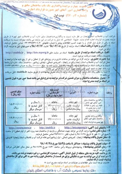 تجدید مزایده,  تجدید مزایده واگذاری یک باب ساختمان سابق