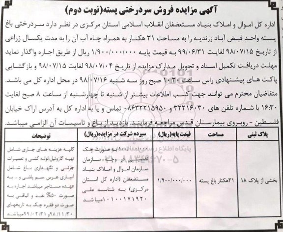 مزایده, مزایده فروش سردرختی پسته- نوبت دوم