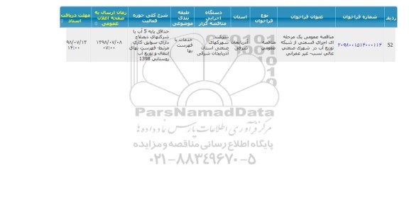 مناقصه, مناقصه اجرای قسمتی از شبکه توزیع آب در شهرک صنعتی