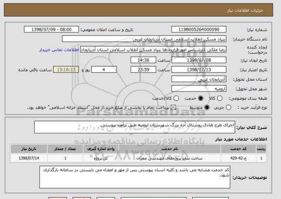 استعلام اجرای طرح هادی روستای آده بزرگ شهرستان ارومیه طبق برآورد پیوستی.