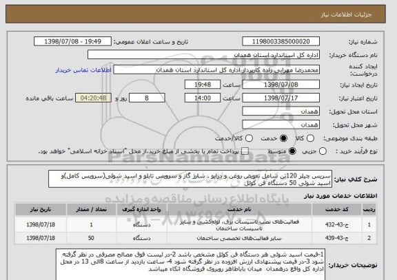 استعلام سریس چیلر 120تن شامل تعویض روغن و درایو . شارژ گاز و سرویس تابلو و اسید شوئی(سرویس کامل)و اسید شوئی 50 دستگاه فن کوئل