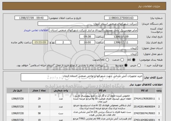 استعلام خرید تجهیزات آتش نشانی جهت شهرکها و نواحی صنعتی استان کرمان