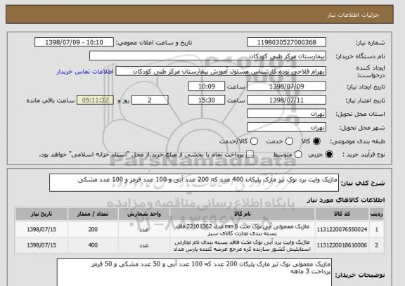 استعلام ماژیک وایت برد نوک تیز مارک پلیکان 400 عدد که 200 عدد آبی و 100 عدد قرمز و 100 عدد مشکی
 