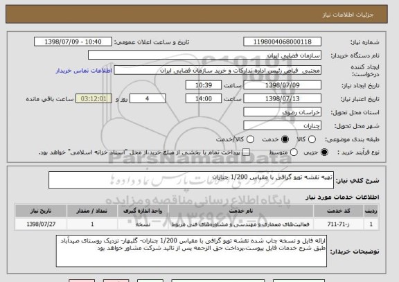استعلام تهیه نقشه توپو گرافی با مقیاس 1/200 چناران