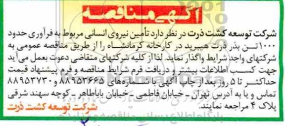 آگهی مناقصه, مناقصه تامین نیروی انسانی مربوط به فرآوری حدود 1000 تن بذر ذرت 