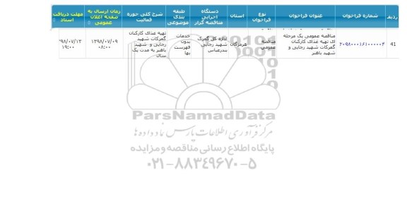 مناقصه, مناقصه تهیه غذای کارکنان
