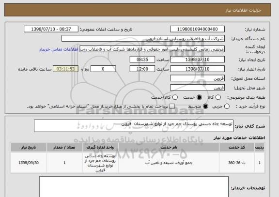 استعلام توسعه چاه دستی روستای جم جرد از توابع شهرستان  قزوین  