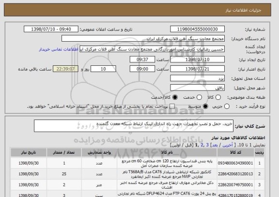 استعلام خرید، حمل و نصب تجهیزات جهت راه اندازی لینک ارتباط شبکه معدن گلمنده