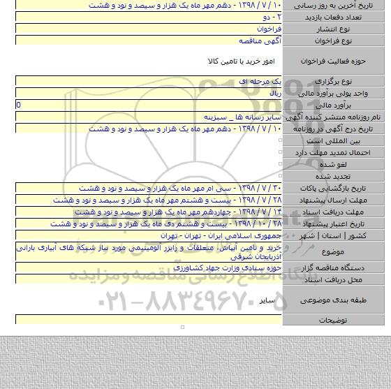 خرید و تامین آبپاش، متعلقات و رایزر آلومینیمی مورد نیاز شبکه های آبیاری بارانی آذربایجان شرقی