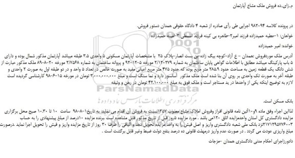 مزایده، مـزایـده فروش ملک مشاع آپارتمان 
