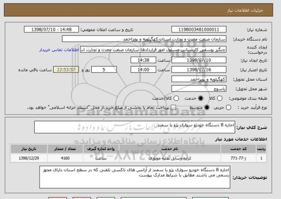 استعلام اجاره 8 دستگاه خودرو سواری پژو یا سمند 