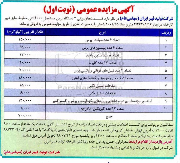 مزایده، مزایده فروش قسمت های وزنی 2 دستگاه پرس مستعمل 4000 تنی...
