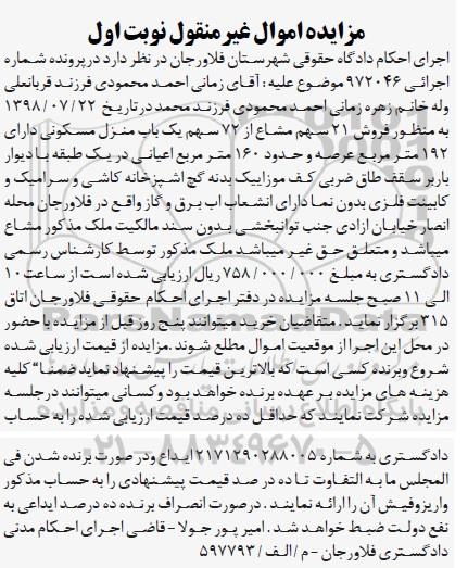 آگهی مزایده ،مزایده فروش 21 سهم مشاع از 72 منزل مسکونی نوبت اول