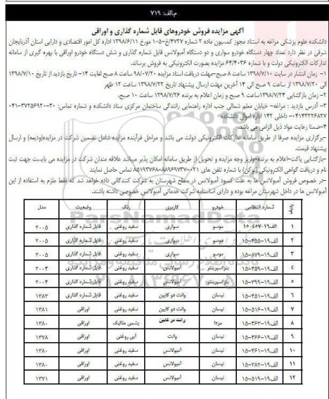 آگهی مزایده ، مزایده فروش خودروهای قابل شماره گذاری و اوراقی