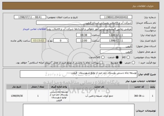 استعلام توسعه چاه دستی روستای جم جرد از توابع شهرستان  قزوین  