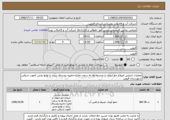 استعلام عملیات اجرایی اصلاح خط انتقال از چشمه ها به سمت مخزن ذخیره روستای زرآباد از توابع بخش الموت شرقی شهرستان قزوین 