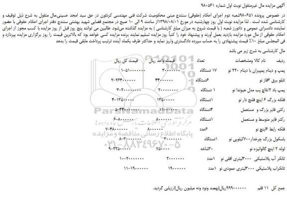 مزایده، مزایده فروش پمپ و دینام پمپیران با دینام 220 نو و...