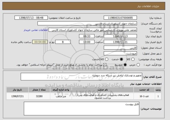 استعلام تجهیز و نوسازی اراضی زیر شبکه سد درودزن