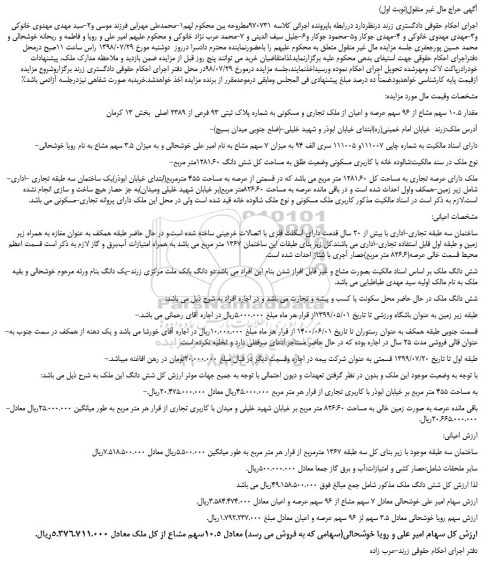 مزایده، مزایده فروش مقدار 10.5 سهم مشاع از 96 سهم عرصه و اعیان از ملک تجاری و مسکونی