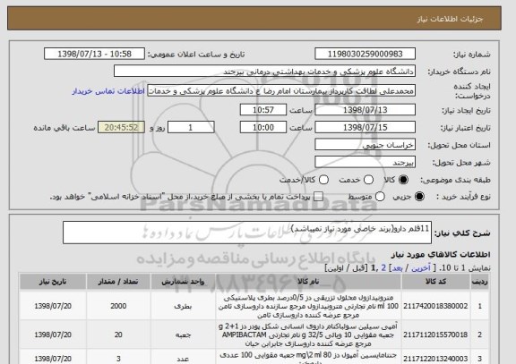 استعلام 11قلم دارو(برند خاصی مورد نیاز نمیباشد)