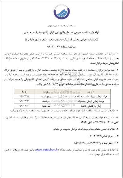 مناقصه ، مناقصه مسیرهای لوله گذاری شبکه 