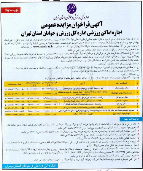 فراخوان مزایده عمومی، فراخوان مزایده اجاره اماکن ورزشی - نوبت دوم