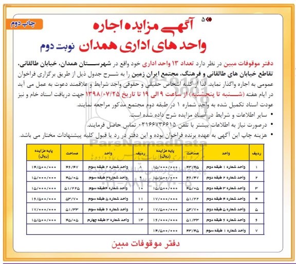 مزایده، مزایده اجاره تعداد 13 واحد اداری - نوبت دوم چاپ دوم
