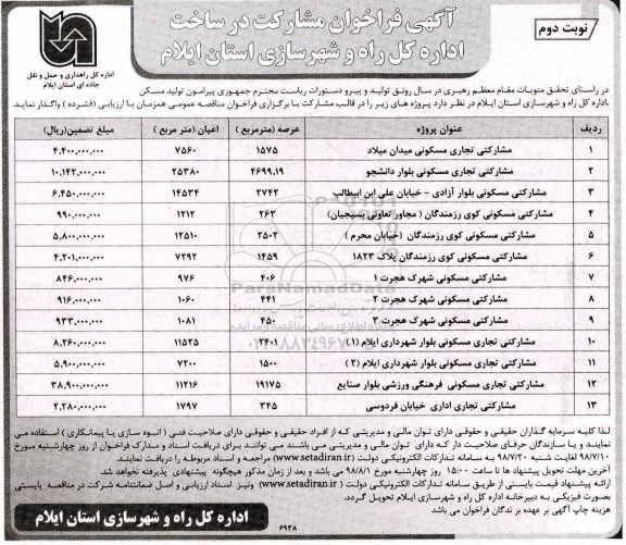 مناقصه ، فراخوان مشارکت در ساخت - نوبت دوم 