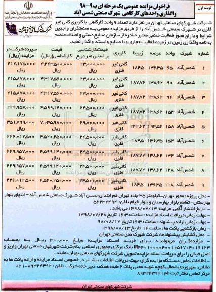 فراخوان مزایده عمومی ، فراخوان مزایده تعداد 9 واحد کارگاهی