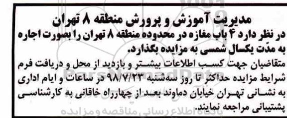 مزایده، مزایده اجاره 4 باب مغازه 