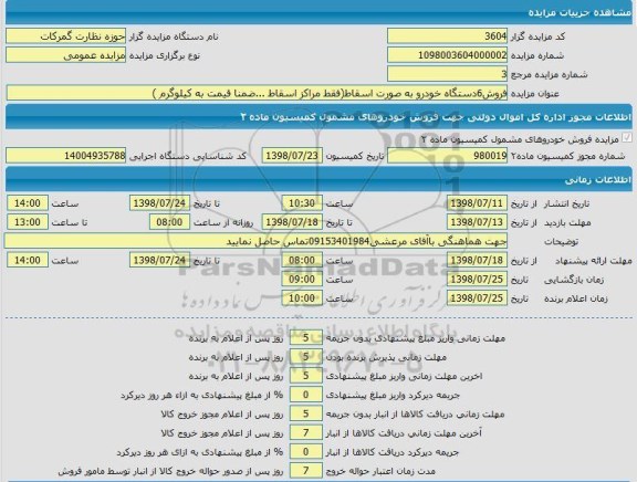 مزایده فروش 6 دستگاه خودرو