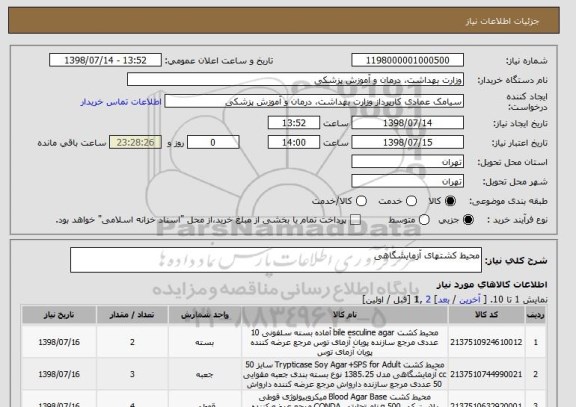 استعلام محیط کشتهای آزمایشگاهی