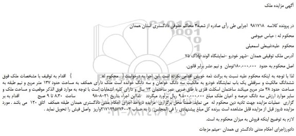 مزایده، مزایده فروش سرقفلی یک باب نمایشگاه خودرو 