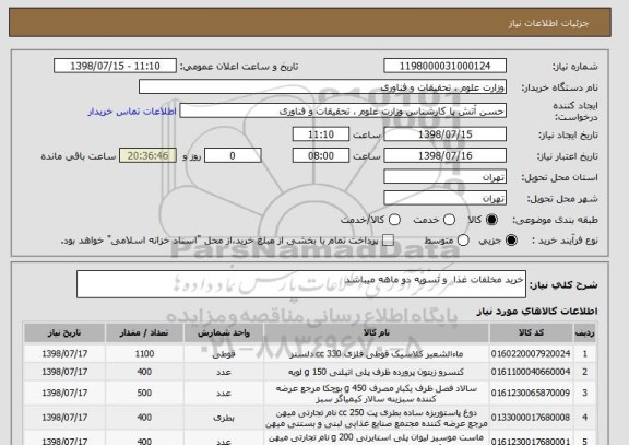 استعلام خرید مخلفات غذا  و تسویه دو ماهه میباشد