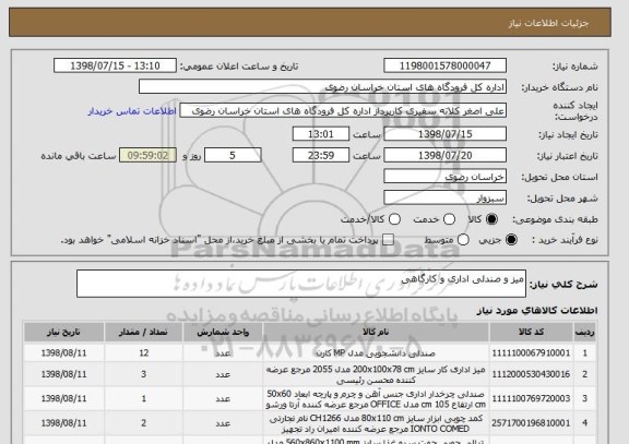 استعلام میز و صندلی اداری و کارگاهی