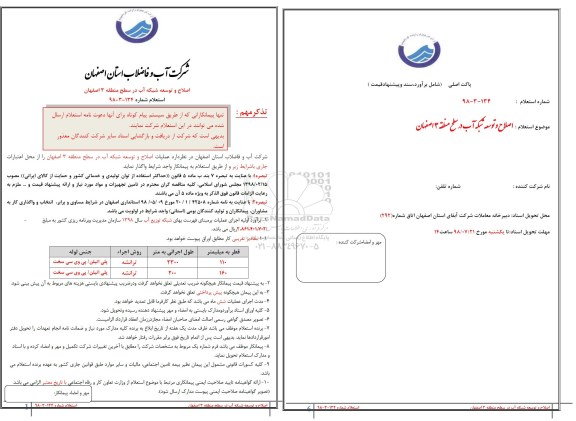 استعلام, استعلام اصلاح و توسعه شبکه آب 