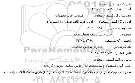 استعلام،استعلام خرید شش ردیف قطعات هولدر
