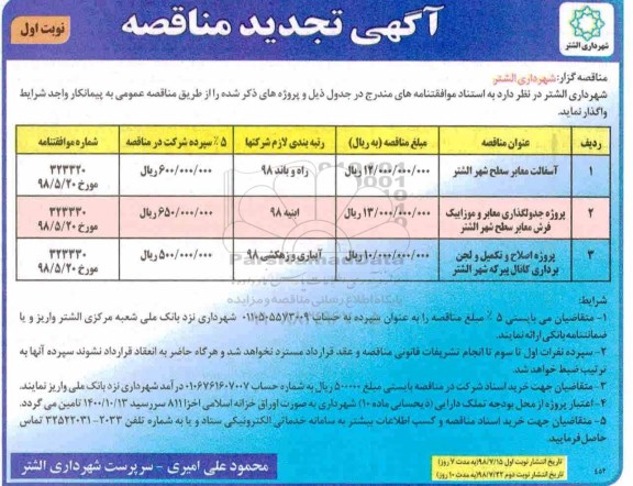 آگهی تجدید مناقصه , مناقصه آسفالت معابر سطح شهر ... تجدید