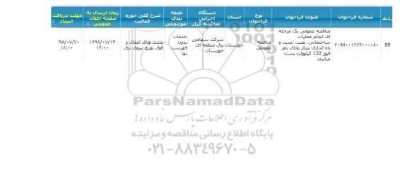 فراخوان, مناقصه انجام عملیات ساختمانی ، نصب ، تست و راه اندازی بریکر  