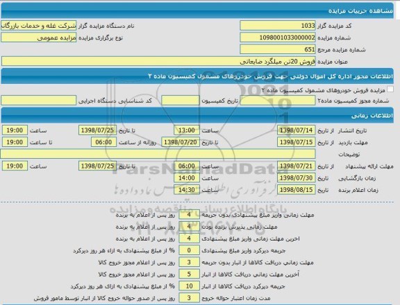 مزایده, مزایده فروش 20 تن میلگرد ضایعاتی