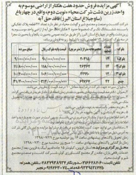 مزایده، مزایده فروش حدود هفت هکتار از اراضی نوبت دوم