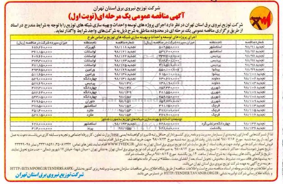 آگهی مناقصه عمومی , مناقصه اجرای پروژه های توسعه و احداث و بهینه سازی شبکه های توزیع 
