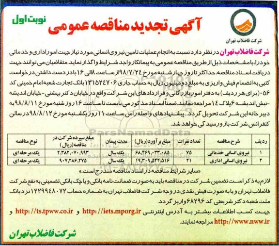 مناقصه عمومی ، مناقصه انجام عملیات تامین نیروی انسانی - نوبت دوم 