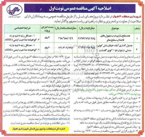 اصلاحیه مناقصه, اصلاحیه مناقصه  همسطح سازی درب منهول های فاضلاب سطح معابر و...