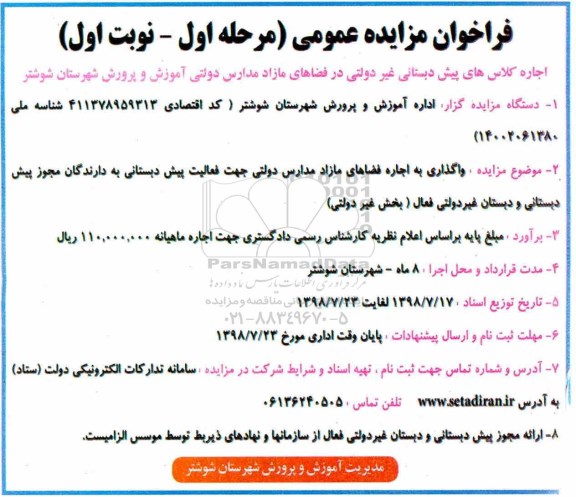 مزایده عمومی, مزایده واگذاری به اجاره فضاهای مازاد مدارس دولتی