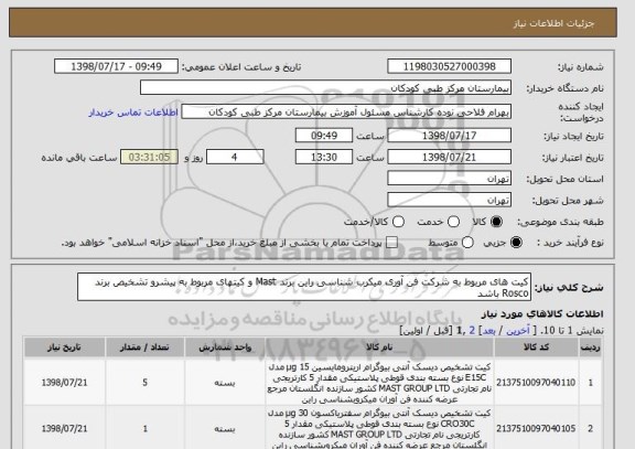 استعلام کیت های مربوط به شرکت فن آوری میکرب شناسی راین برند Mast و کیتهای مربوط به پیشرو تشخیص برند Rosco باشد