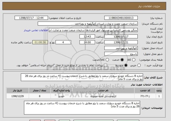 استعلام اجاره 8 دستگاه خودرو سواری سمند یا پژو مطابق با شرح خدمات پیوست (4 ساعت در روز برای هر ماه 26 روز و برای مدت 5 ماه)